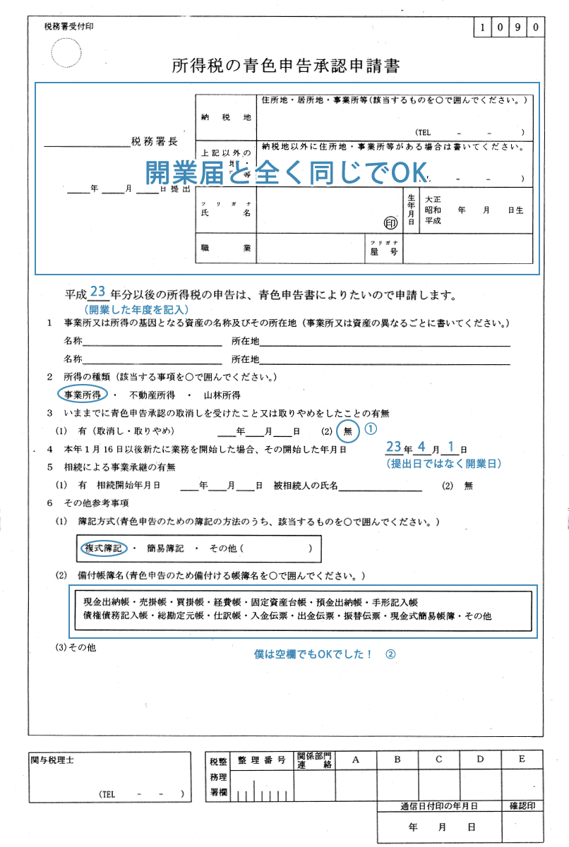 書き方 申請 書 承認 青色 申告